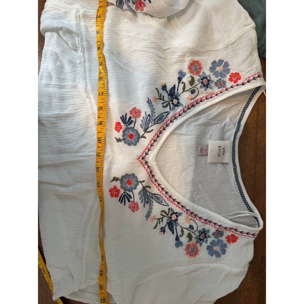 Knox Rose Embroidered Boho Peasant Guaze Top White Floral Large - Picture 6 of 6